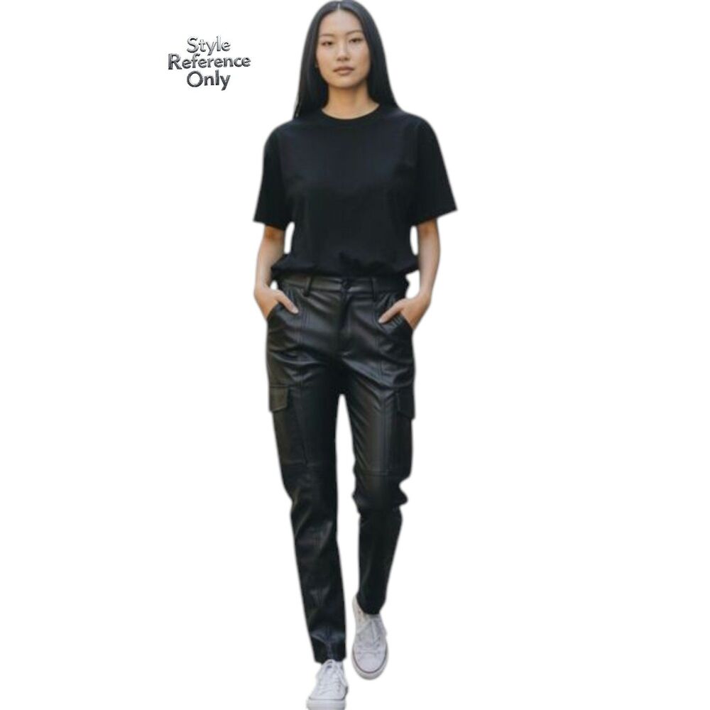 7 For All Mankind Vegan Faux Leather Cargo Pants Size Large Black High Rise EUC